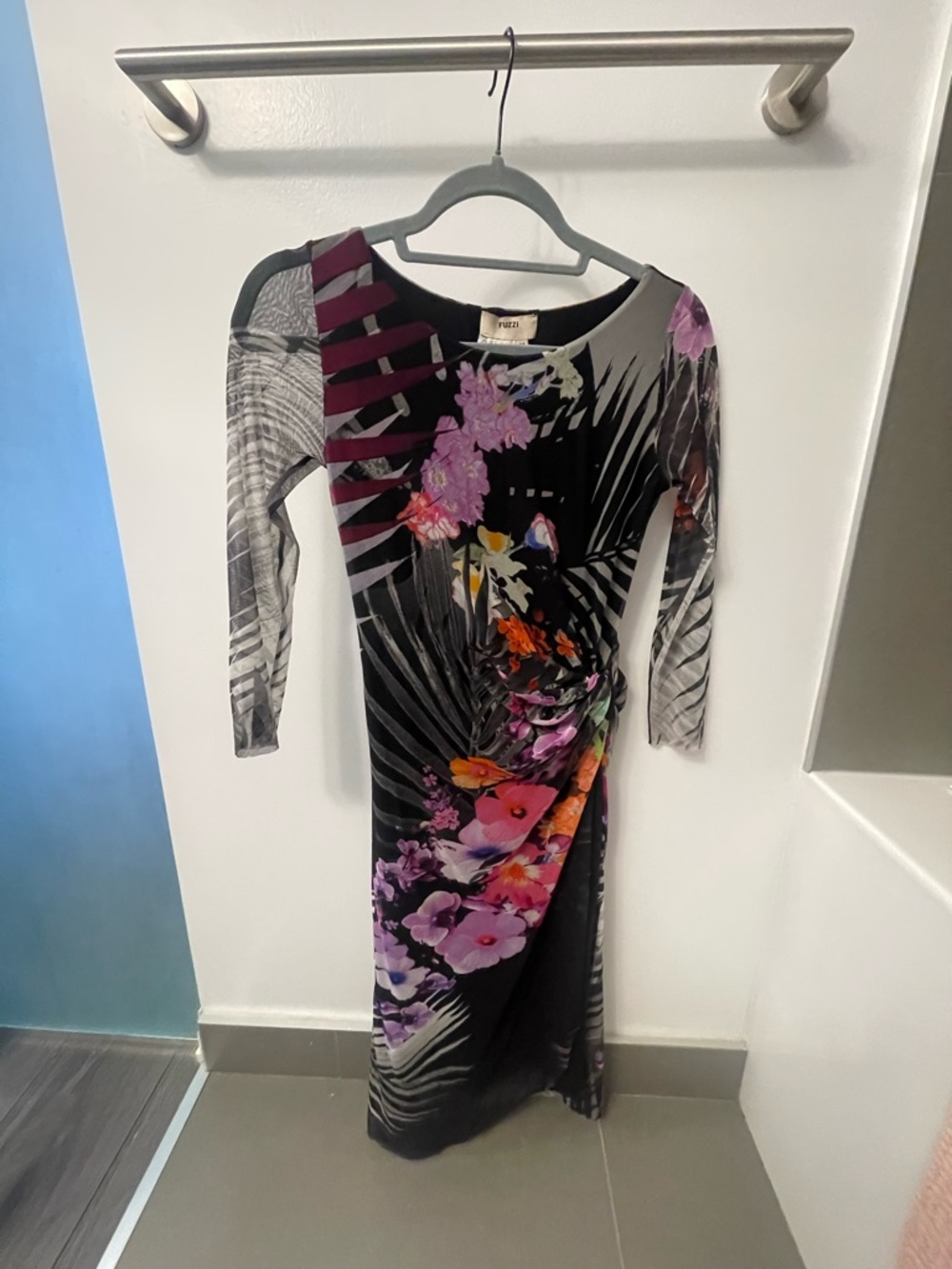 Black Floral Long-Sleeve Maxi Dress with Purple & Pink Accents